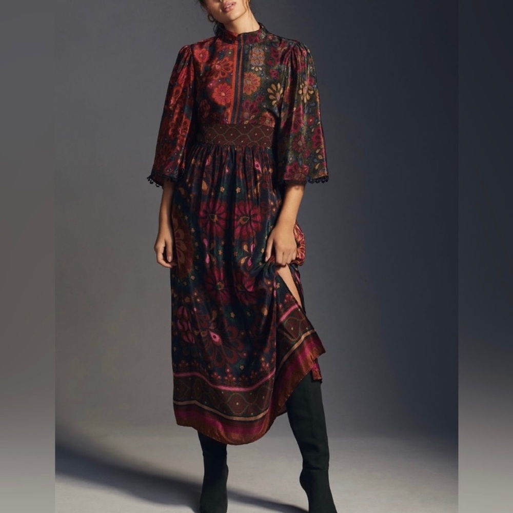 Anthropologie x Farm Rio Floral Mock Neck Kimono Sleeve Dress, Size XS